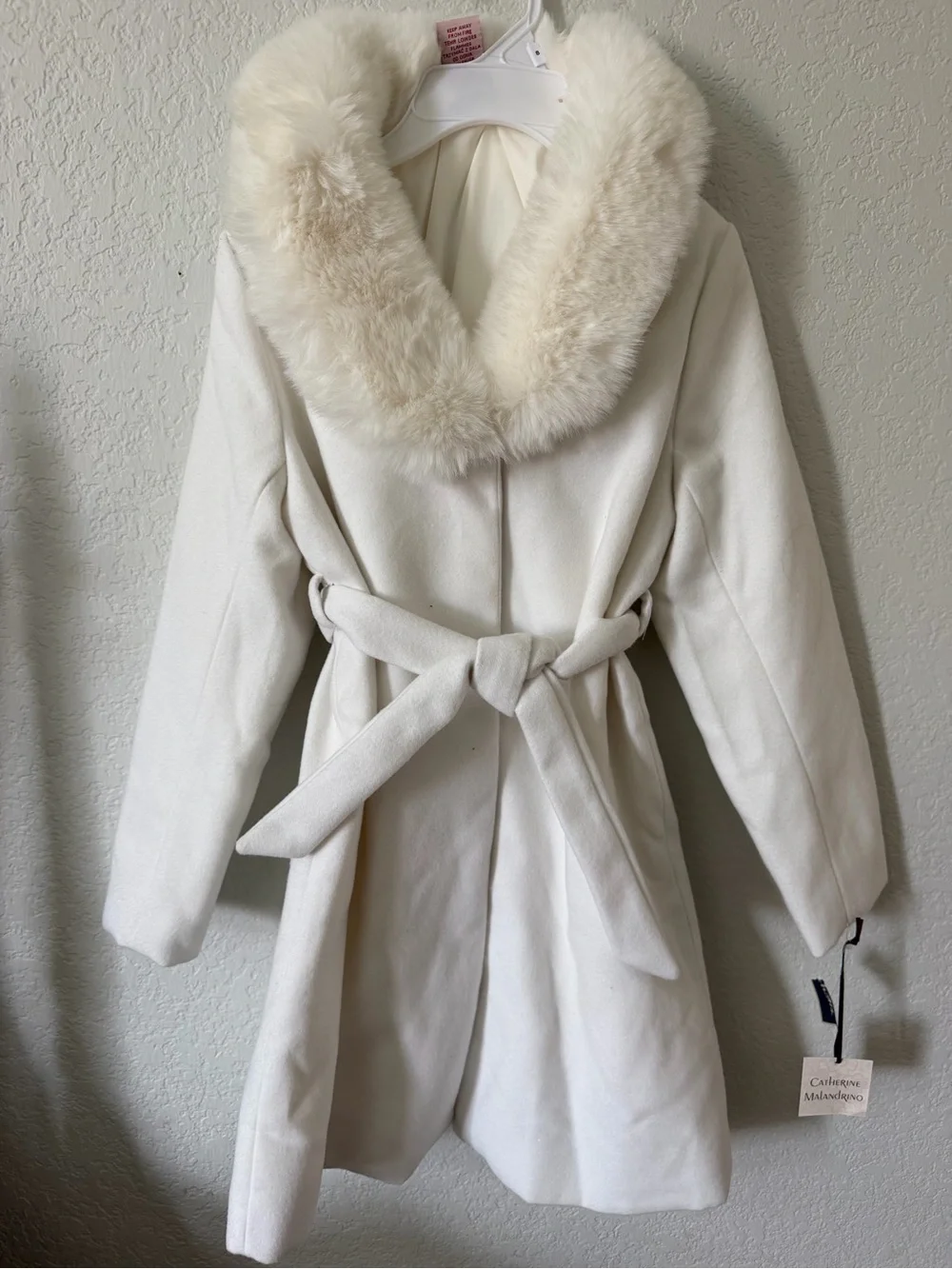 Catherine Malandrino Cream Faux Fur Collar Wrap Trench Coat